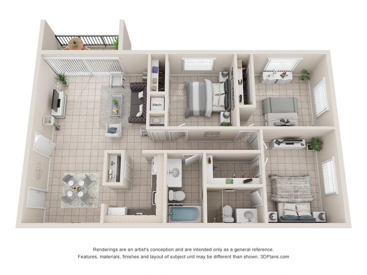 Floor plan for 3 beds, 2 baths, 1104 sqft